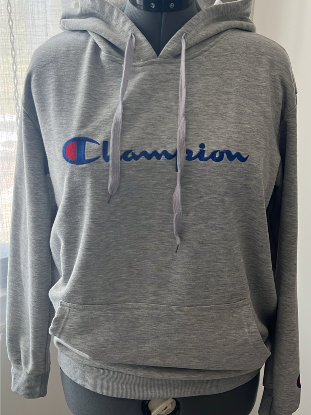 Champion Gray Hoodie with Blue & Red Script Logo